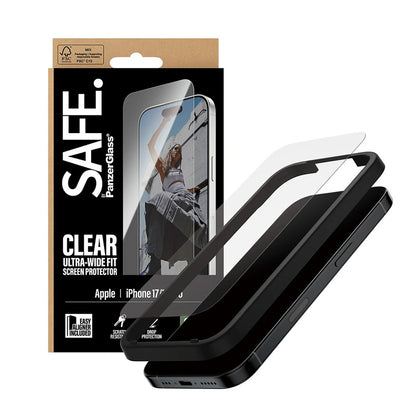 Protector de pantalla PanzerGlass Safe. Ultra-Wide Fit EasyAligner para Apple iPhone 17 / 16 Pro, Cristal Templado, Full Glue.