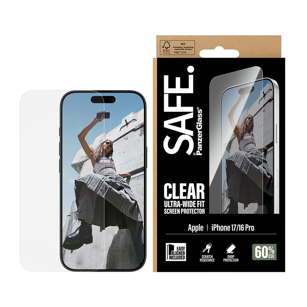 Protector de pantalla PanzerGlass Safe. Ultra-Wide Fit EasyAligner para Apple iPhone 17 / 16 Pro, Cristal Templado, Full Glue.