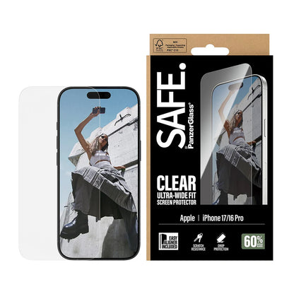 Protector de pantalla PanzerGlass Safe. Ultra-Wide Fit EasyAligner para Apple iPhone 17 / 16 Pro, Cristal Templado, Full Glue.