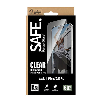 Protector de pantalla PanzerGlass Safe. Ultra-Wide Fit EasyAligner para Apple iPhone 17 / 16 Pro, Cristal Templado, Full Glue.