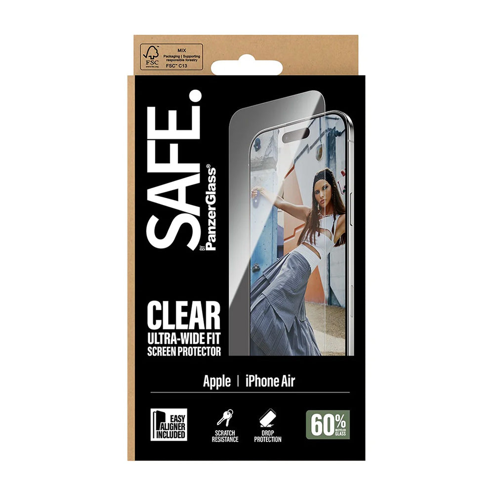 Protector de pantalla PanzerGlass Safe. Ultra-Wide Fit EasyAligner para Apple iPhone 17 Air, Cristal Templado, Full Glue.