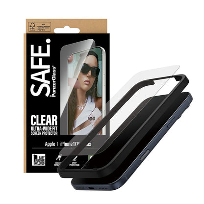 Protector de pantalla PanzerGlass Safe. Ultra-Wide Fit EasyAligner para Apple iPhone 17 Pro Max, Cristal Templado, Full Glue.