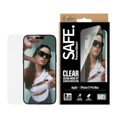 Protector de pantalla PanzerGlass Safe. Ultra-Wide Fit EasyAligner para Apple iPhone 17 Pro Max, Cristal Templado, Full Glue.