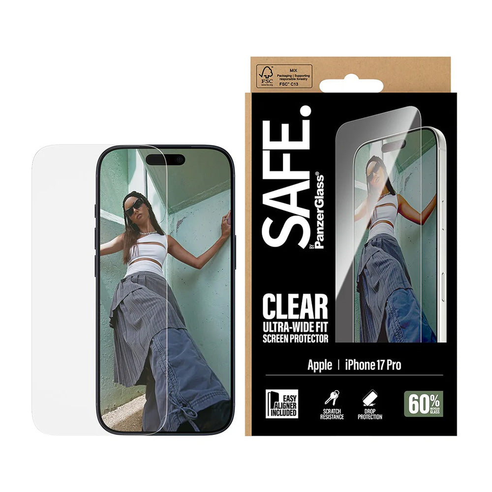 Protector de pantalla PanzerGlass Safe. Ultra-Wide Fit EasyAligner para Apple iPhone 17 Pro, Cristal Templado, Full Glue.