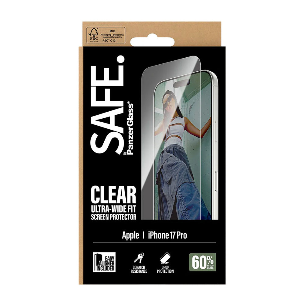 Protector de pantalla PanzerGlass Safe. Ultra-Wide Fit EasyAligner para Apple iPhone 17 Pro, Cristal Templado, Full Glue.