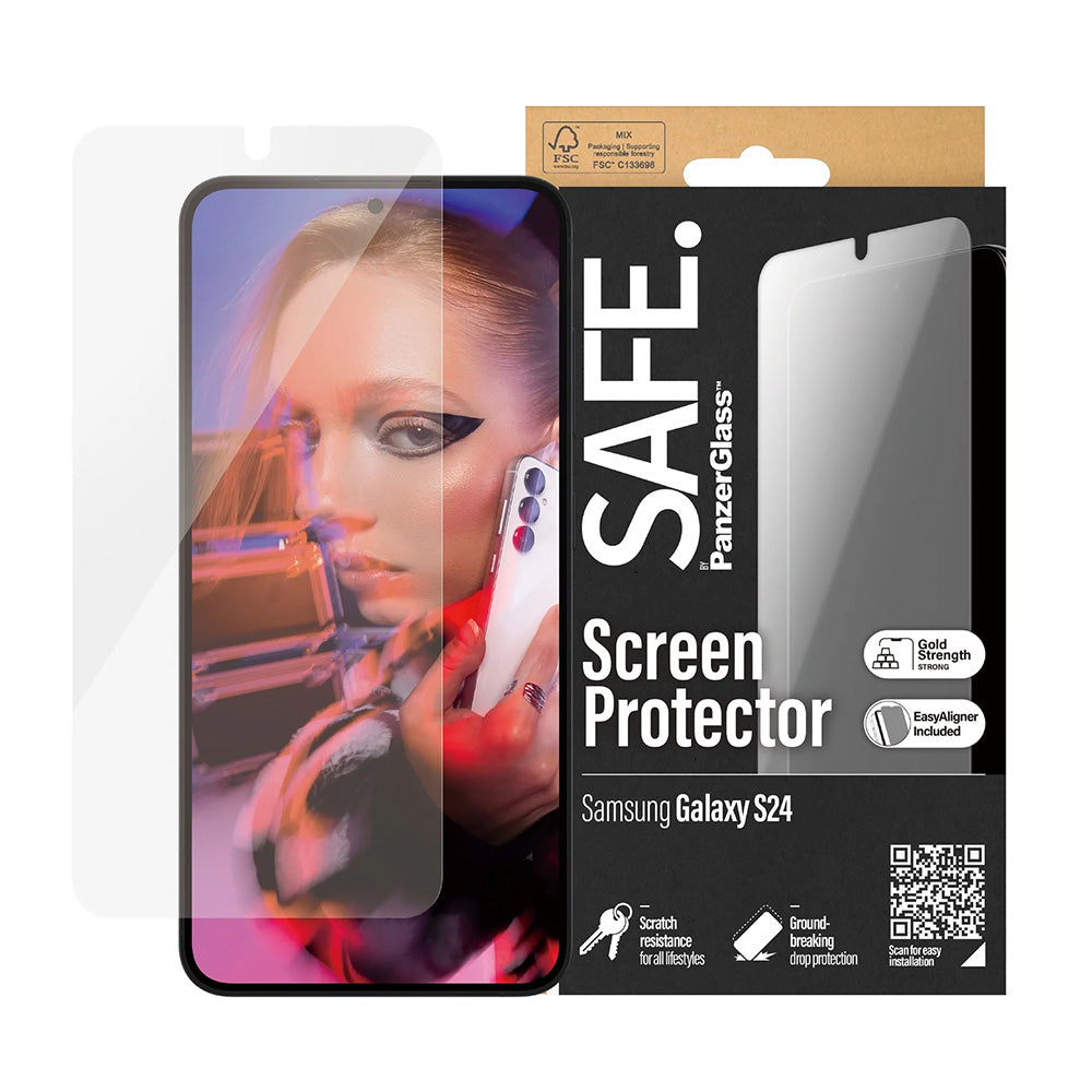 Protector de pantalla PanzerGlass Safe. Ultra-Wide Fit EasyAligner para Samsung Galaxy S24 S921, Cristal Templado, Full Glue.