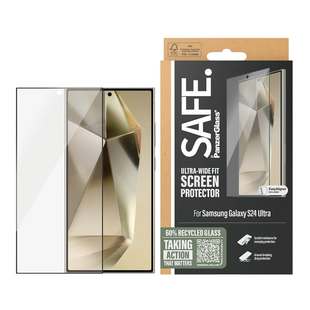 Protector de pantalla PanzerGlass Safe. Ultra-Wide Fit EasyAligner para Samsung Galaxy S24 Ultra S928, Cristal Templado, Full Glue, Negro.