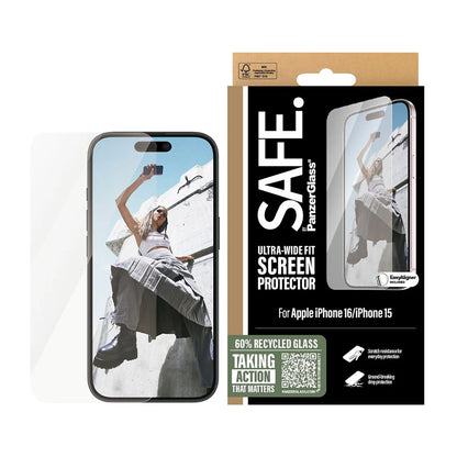 Protector de pantalla PanzerGlass Safe. Ultra-Wide Fit para Apple iPhone 16 / 15, Cristal Templado, Full Glue.