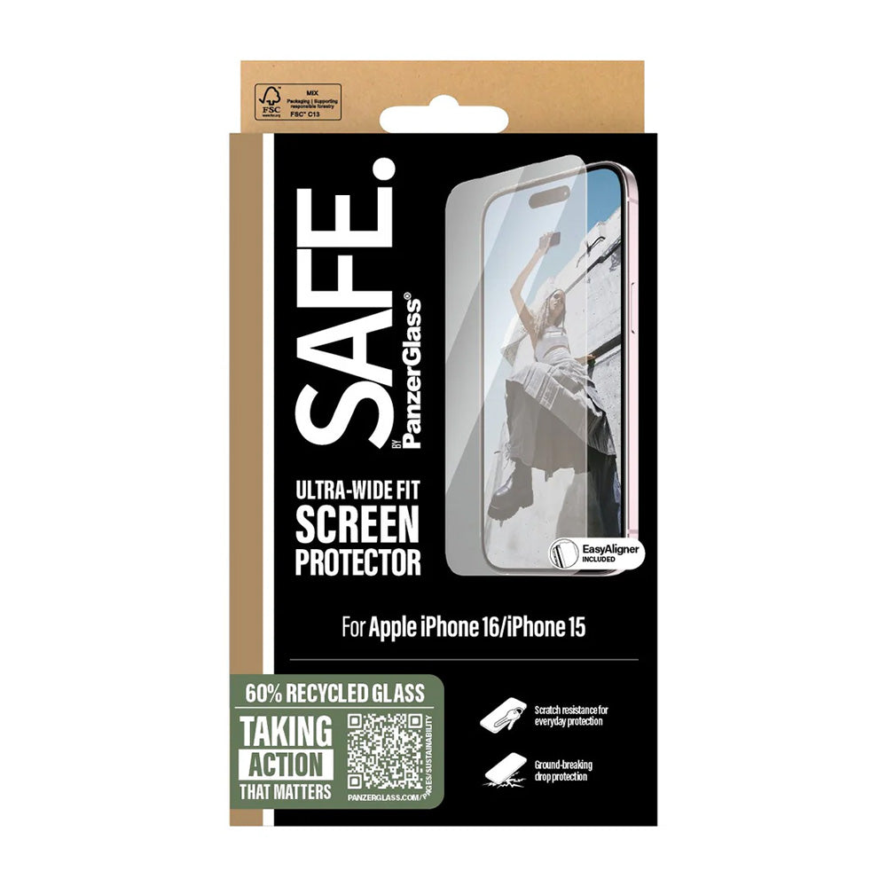 Protector de pantalla PanzerGlass Safe. Ultra-Wide Fit para Apple iPhone 16 / 15, Cristal Templado, Full Glue.