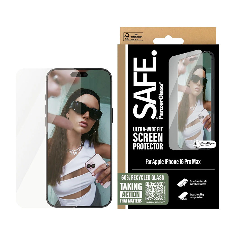 Protector de pantalla PanzerGlass Safe. Ultra-Wide Fit para Apple iPhone 16 Pro Max, Cristal Templado, Full Glue.