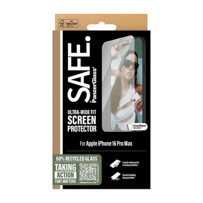 Protector de pantalla PanzerGlass Safe. Ultra-Wide Fit para Apple iPhone 16 Pro Max, Cristal Templado, Full Glue.