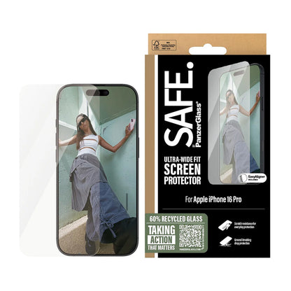 Protector de pantalla PanzerGlass Safe. Ultra-Wide Fit para Apple iPhone 16 Pro, Cristal Templado, Full Glue.