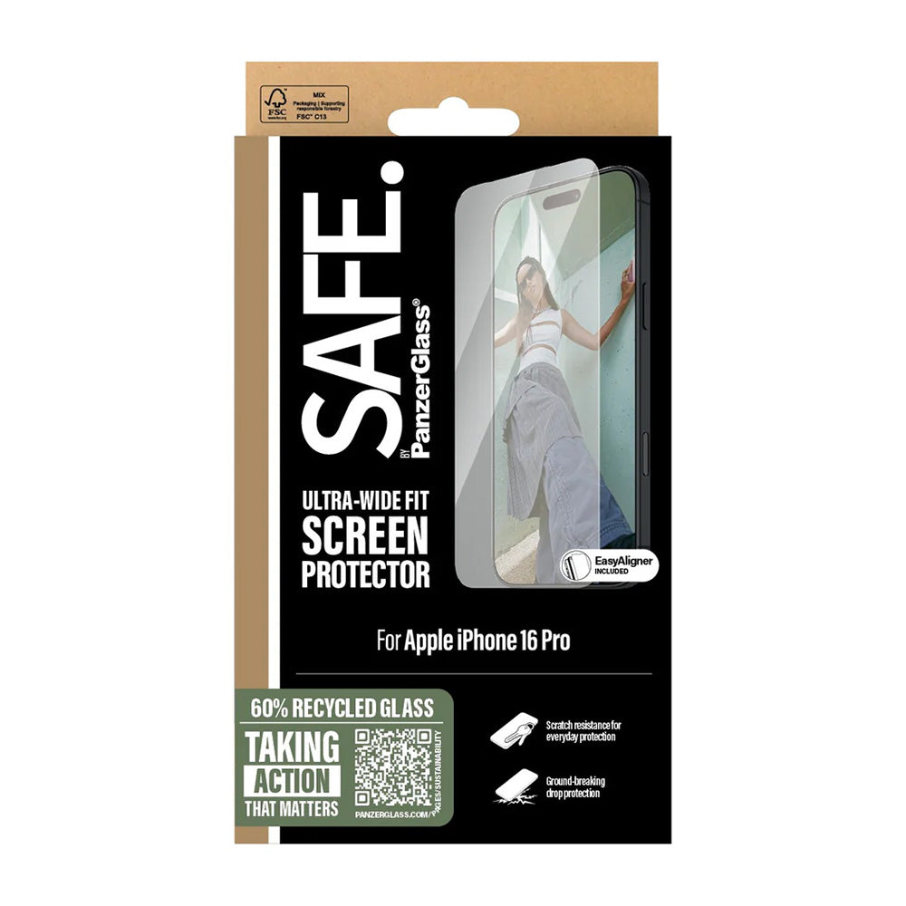 Protector de pantalla PanzerGlass Safe. Ultra-Wide Fit para Apple iPhone 16 Pro, Cristal Templado, Full Glue.