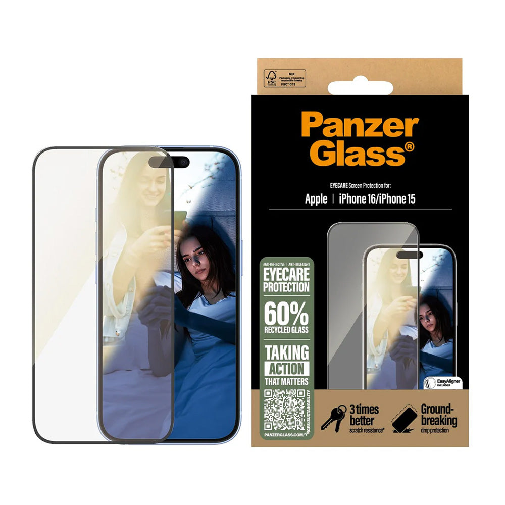 Protector de pantalla PanzerGlass Ultra-Wide Fit EyeCare para Apple iPhone 16 / 15, Cristal Templado, Full Glue, Negro