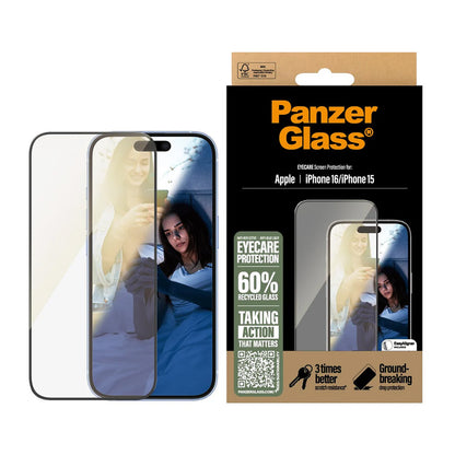 Protector de pantalla PanzerGlass Ultra-Wide Fit EyeCare para Apple iPhone 16 / 15, Cristal Templado, Full Glue, Negro