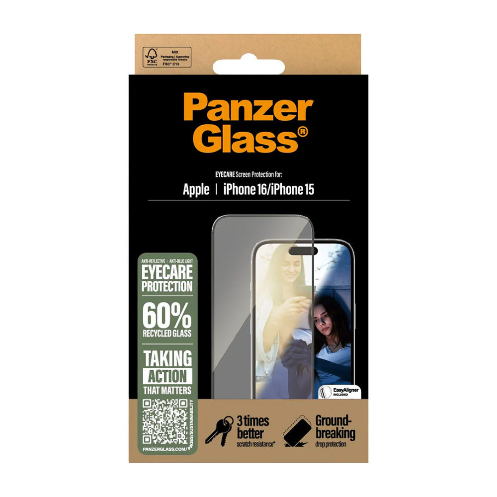 Protector de pantalla PanzerGlass Ultra-Wide Fit EyeCare para Apple iPhone 16 / 15, Cristal Templado, Full Glue, Negro