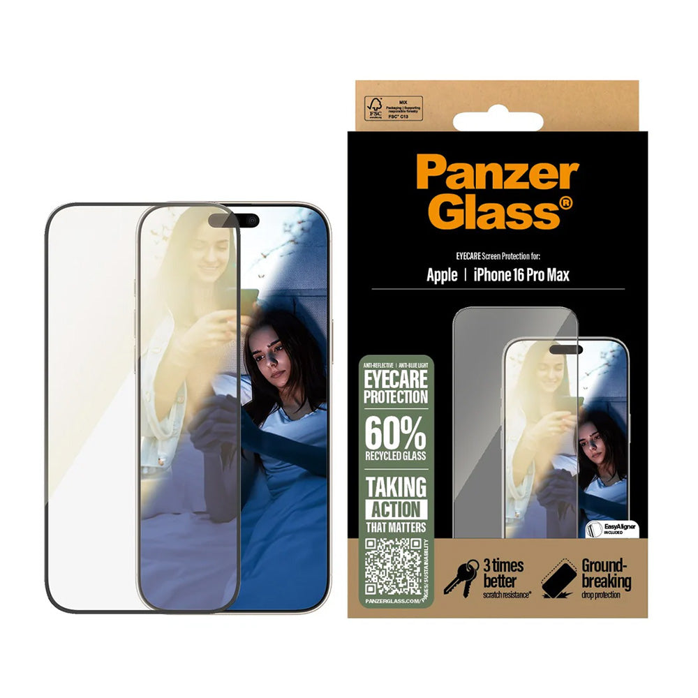 Protector de pantalla PanzerGlass Ultra-Wide Fit EyeCare para Apple iPhone 16 Pro Max, Cristal Templado, Full Glue, Negro