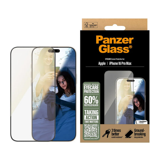 Protector de pantalla PanzerGlass Ultra-Wide Fit EyeCare para Apple iPhone 16 Pro Max, Cristal Templado, Full Glue, Negro