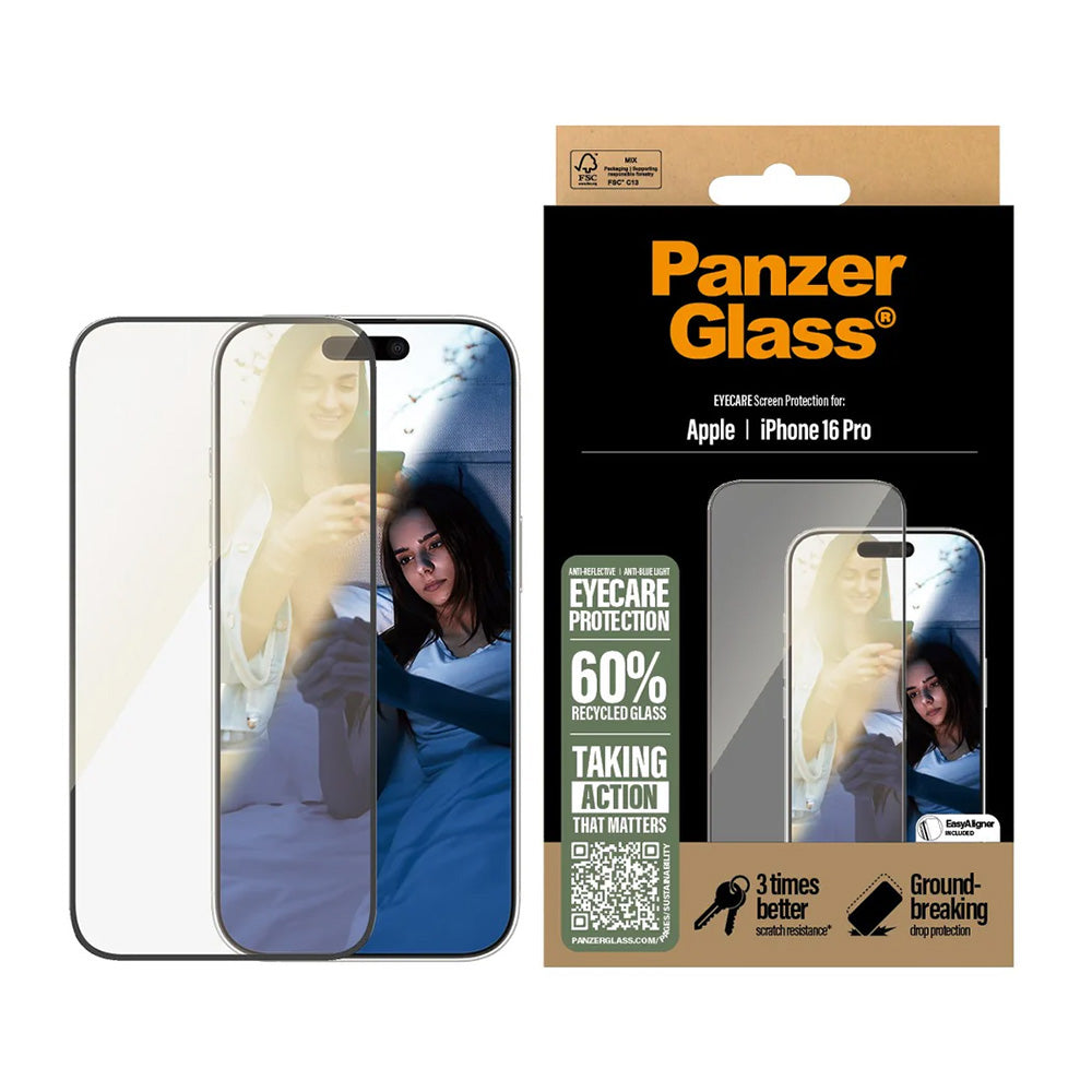 Protector de pantalla PanzerGlass Ultra-Wide Fit EyeCare para Apple iPhone 16 Pro, Cristal Templado, Full Glue, Negro
