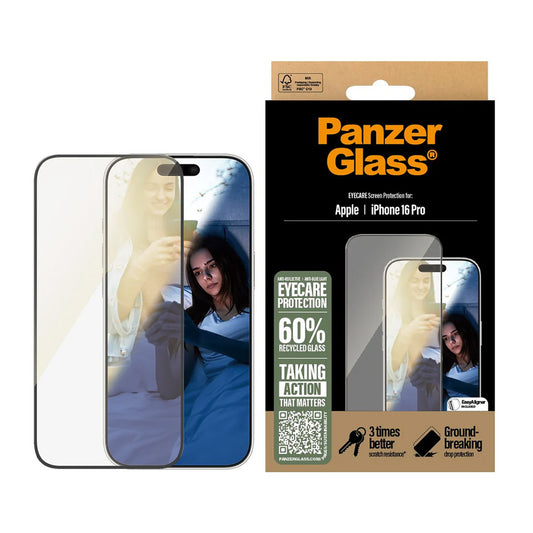 Protector de pantalla PanzerGlass Ultra-Wide Fit EyeCare para Apple iPhone 16 Pro, Cristal Templado, Full Glue, Negro
