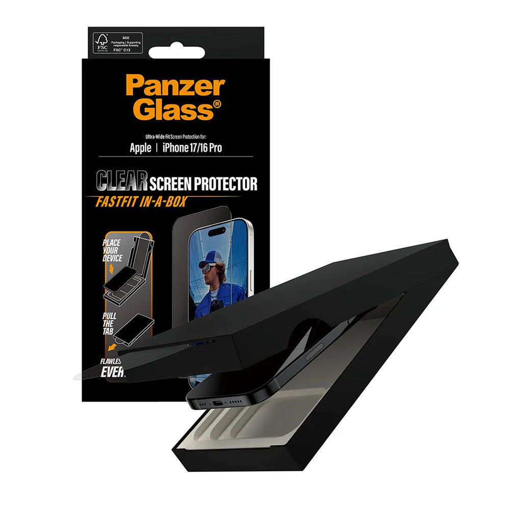 Protector de pantalla PanzerGlass Ultra-Wide Fit Fastfit para Apple iPhone 17 / 16 Pro, Cristal Templado, Full Glue, Negro