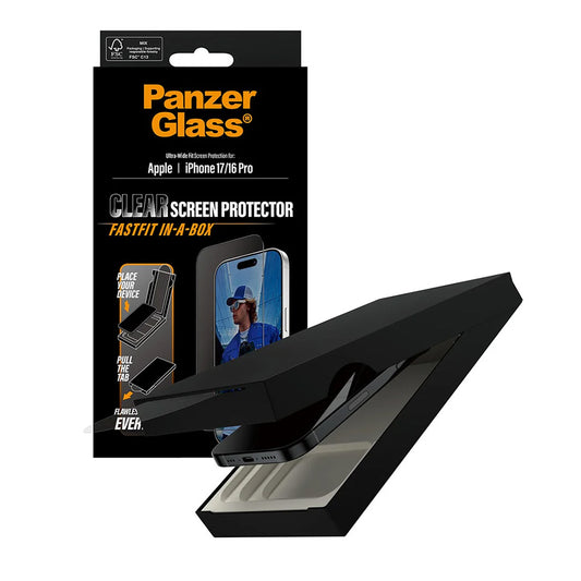 Protector de pantalla PanzerGlass Ultra-Wide Fit Fastfit para Apple iPhone 17 / 16 Pro, Cristal Templado, Full Glue, Negro