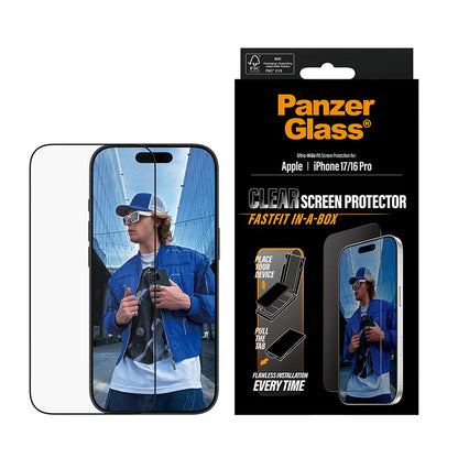 Protector de pantalla PanzerGlass Ultra-Wide Fit Fastfit para Apple iPhone 17 / 16 Pro, Cristal Templado, Full Glue, Negro