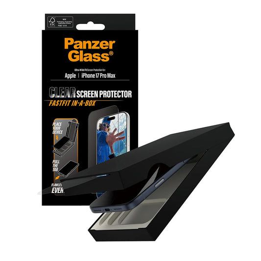 Protector de pantalla PanzerGlass Ultra-Wide Fit Fastfit para Apple iPhone 17 Pro Max, Cristal Templado, Full Glue, Negro