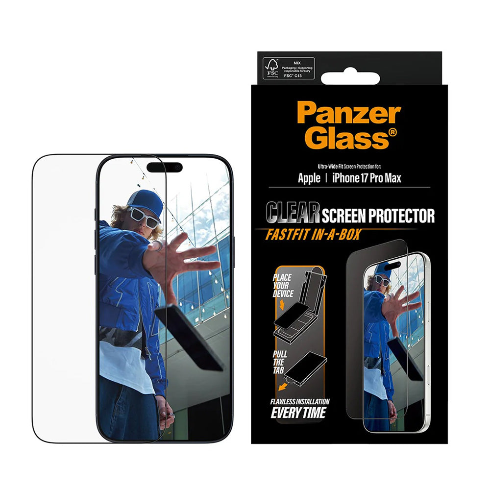 Protector de pantalla PanzerGlass Ultra-Wide Fit Fastfit para Apple iPhone 17 Pro Max, Cristal Templado, Full Glue, Negro