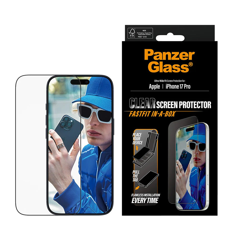Protector de pantalla PanzerGlass Ultra-Wide Fit Fastfit para Apple iPhone 17 Pro, Cristal Templado, Full Glue, Negro