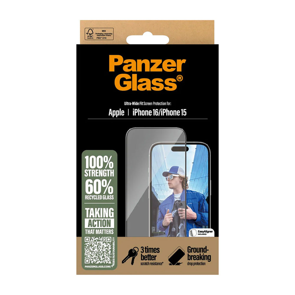 Protector de pantalla PanzerGlass Ultra-Wide Fit para Apple iPhone 16 / 15, Cristal Templado, Full Glue, Negro
