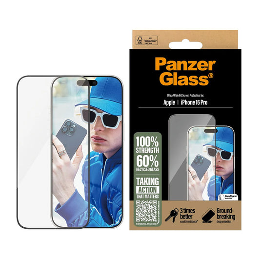 Protector de pantalla PanzerGlass Ultra-Wide Fit para Apple iPhone 16 Pro, Cristal Templado, Full Glue, Negro