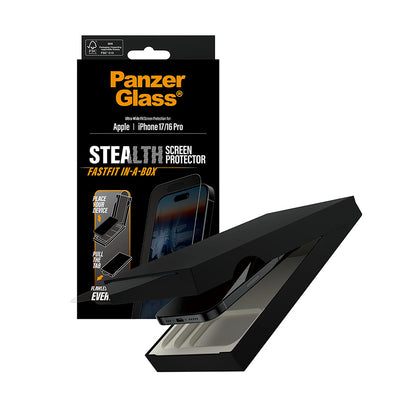 Protector de pantalla PanzerGlass Ultra-Wide Fit Stealth Fastfit para Apple iPhone 17 / 16 Pro, Cristal Templado, Full Glue, Negro