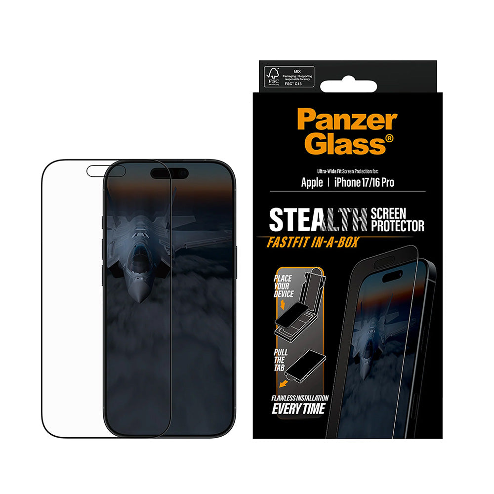 Protector de pantalla PanzerGlass Ultra-Wide Fit Stealth Fastfit para Apple iPhone 17 / 16 Pro, Cristal Templado, Full Glue, Negro