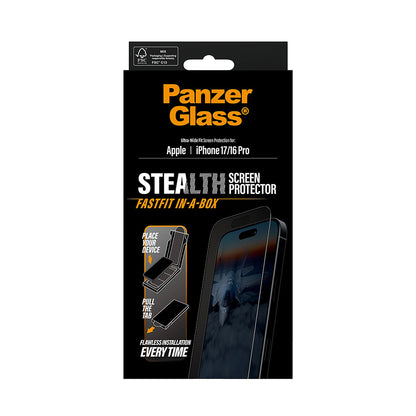Protector de pantalla PanzerGlass Ultra-Wide Fit Stealth Fastfit para Apple iPhone 17 / 16 Pro, Cristal Templado, Full Glue, Negro