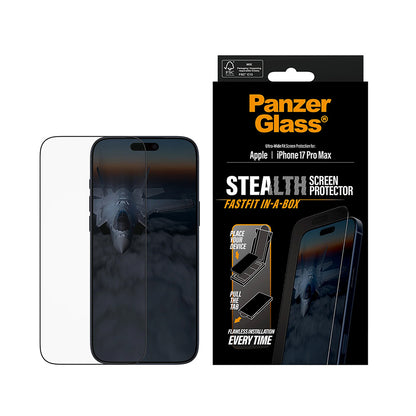 Protector de pantalla PanzerGlass Ultra-Wide Fit Stealth Fastfit para Apple iPhone 17 Pro Max, Cristal Templado, Full Glue, Negro.