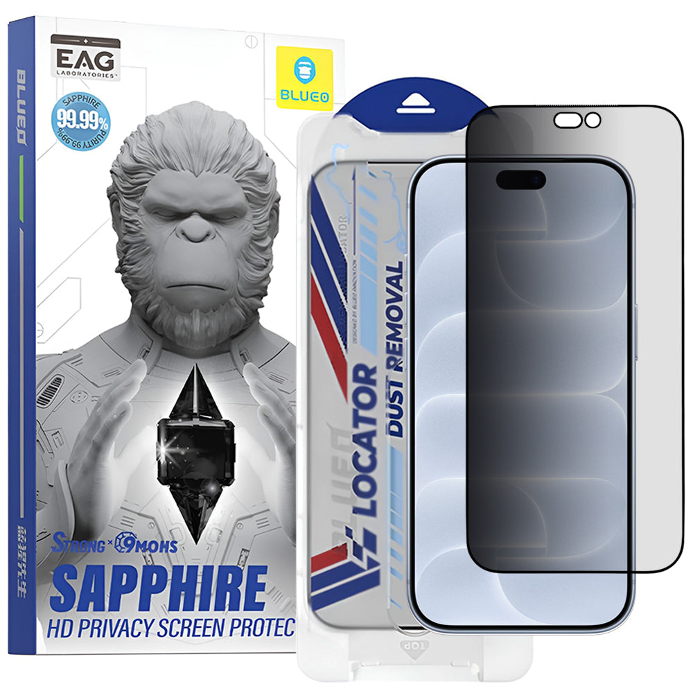 Protector de pantalla Privacy Blueo Premium Sapphire Applicator para Apple iPhone 18 Pro, vidrio templado, adhesivo completo