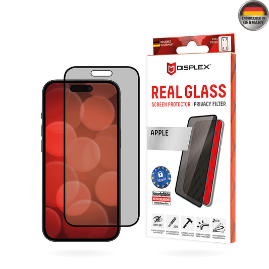 Protector de pantalla Privacy Displex Real Glass para Apple iPhone 16 Plus, vidrio templado, adhesivo completo