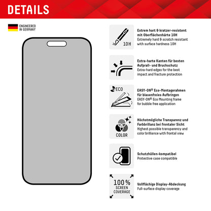 Protector de pantalla Privacy Displex Real Glass para Apple iPhone 16 Plus, vidrio templado, adhesivo completo