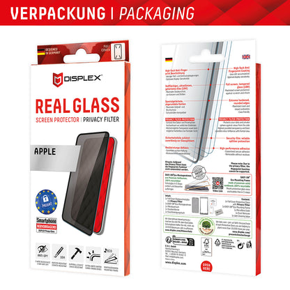 Protector de pantalla Privacy Displex Real Glass para Apple iPhone 16 Plus, vidrio templado, adhesivo completo