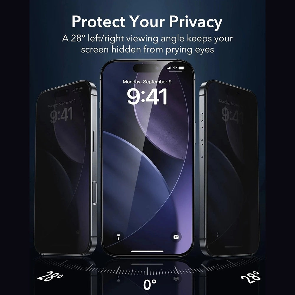 Protector de pantalla Privacy ESR Armorite UltraFit para Apple iPhone 17 Pro, Cristal Templado, Full Glue, Set de 3 piezas