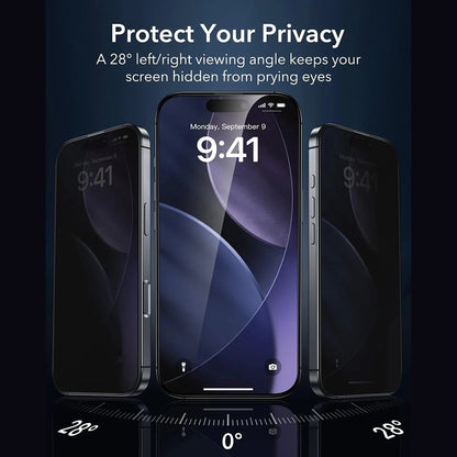 Protector de pantalla Privacy ESR Armorite UltraFit para Apple iPhone 17 Pro, Cristal Templado, Full Glue, Set de 3 piezas