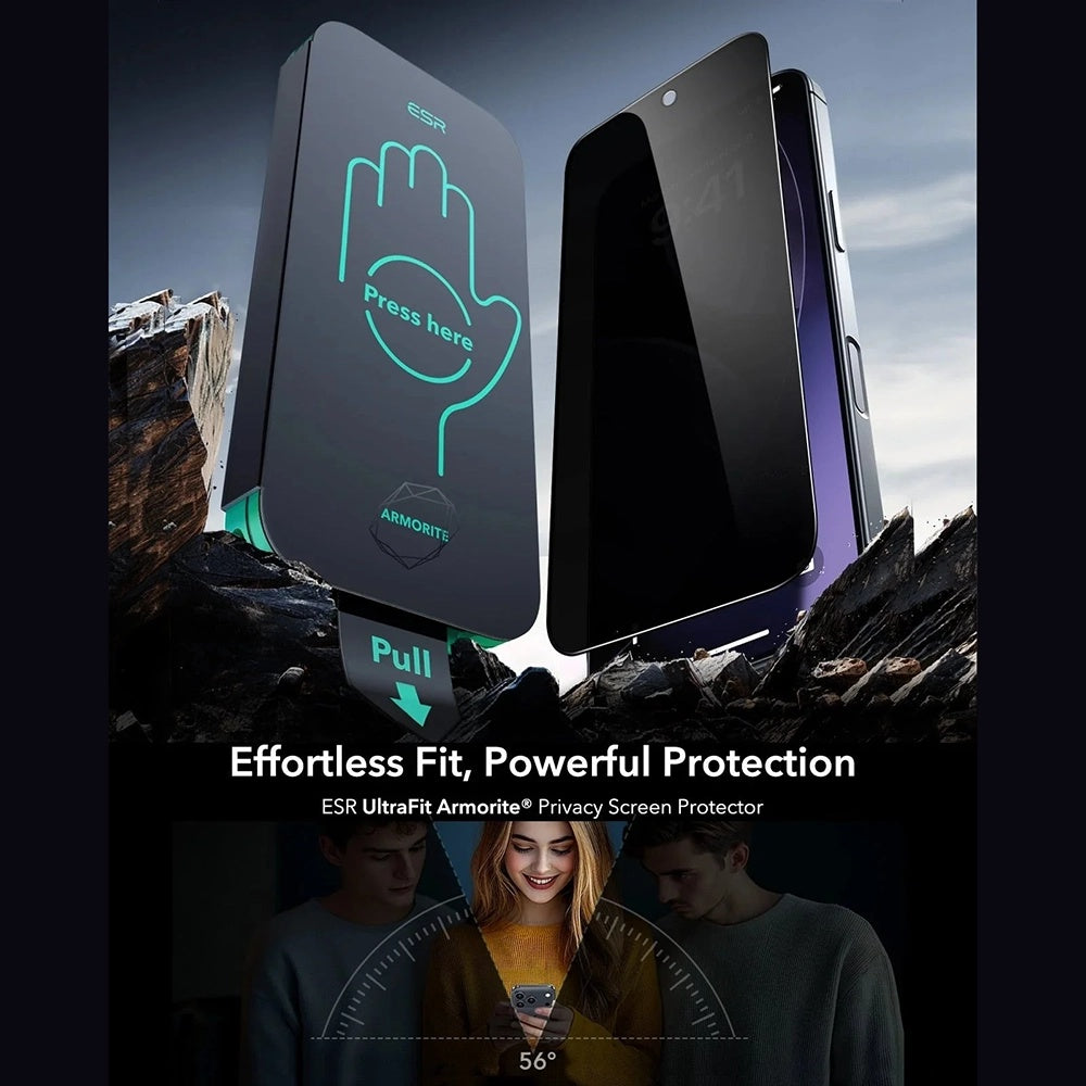 Protector de pantalla Privacy ESR Armorite UltraFit para Apple iPhone 17 Pro, Cristal Templado, Full Glue, Set de 3 piezas