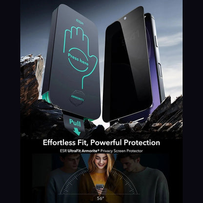 Protector de pantalla Privacy ESR Armorite UltraFit para Apple iPhone 17 Pro, Cristal Templado, Full Glue, Set de 3 piezas