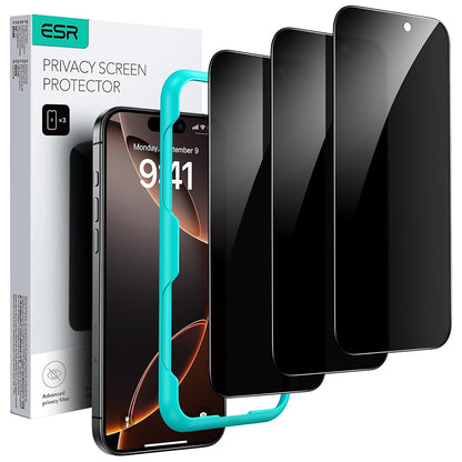 Protector de pantalla Privacy ESR para Apple iPhone 17 / 16 Pro, Cristal Templado, Full Glue, Set de 3 piezas