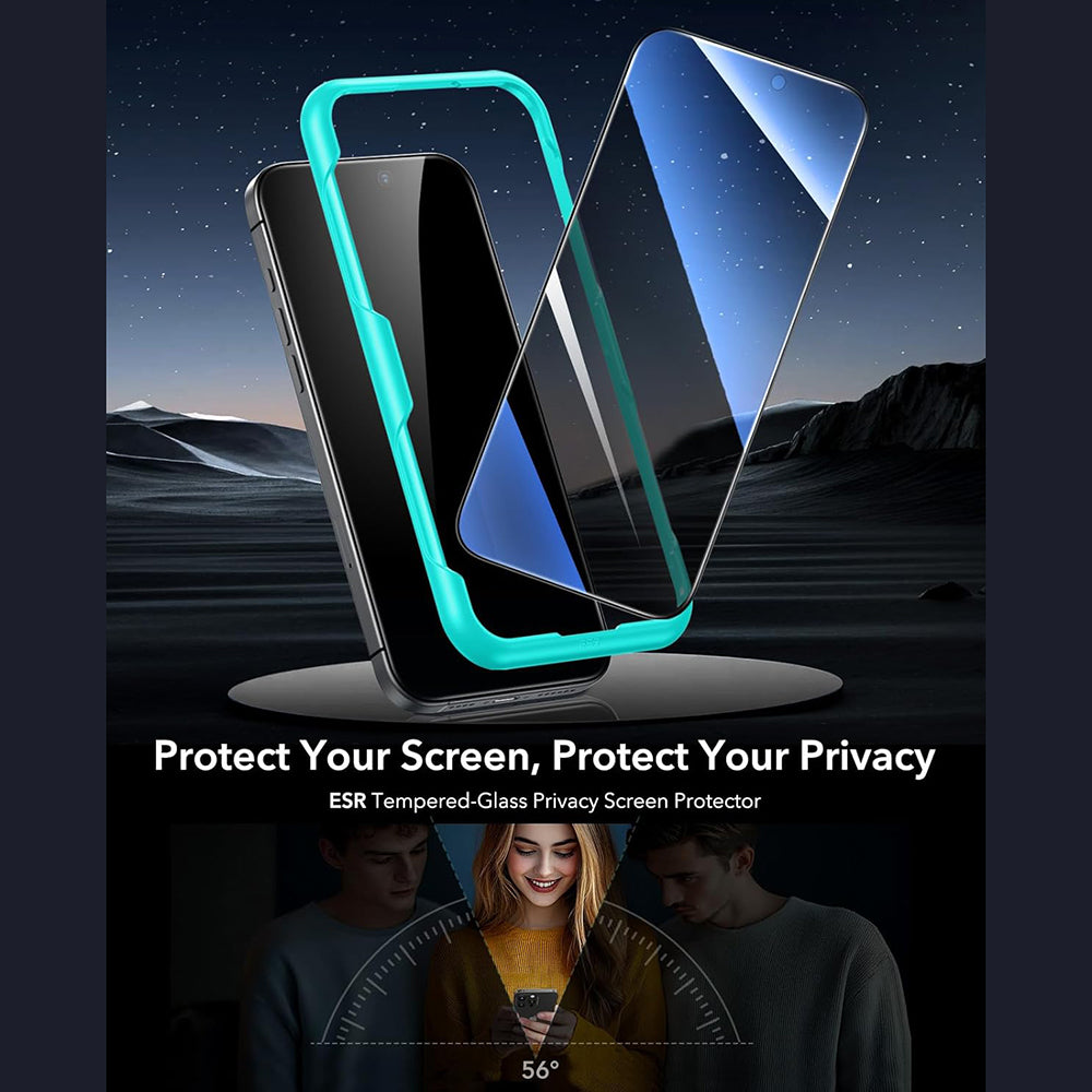 Protector de pantalla Privacy ESR para Apple iPhone 17 / 16 Pro, Cristal Templado, Full Glue, Set de 3 piezas