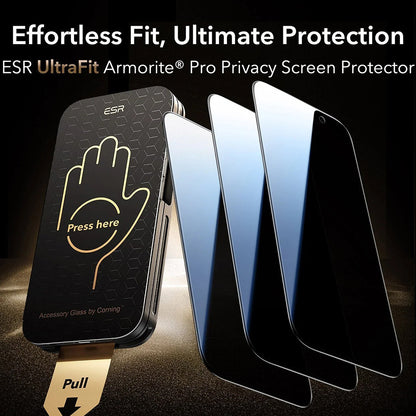 Protector de pantalla Privacy ESR UltraFit Armorite Pro para Apple iPhone 17 Pro Max, Cristal Templado, Full Glue, Set de 3 piezas