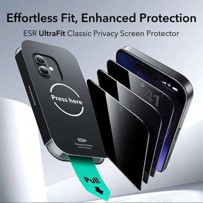 Protector de pantalla Privacy ESR UltraFit para Apple iPhone 17 / 16 Pro, Cristal Templado, Full Glue, Set de 3 piezas
