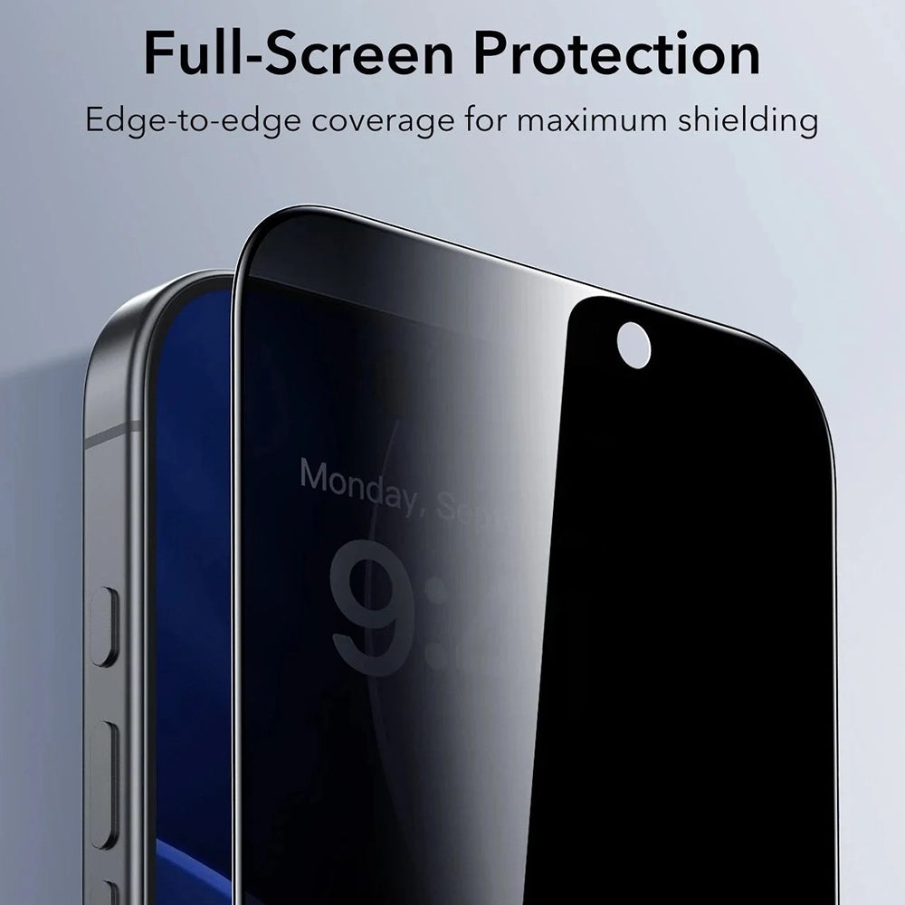 Protector de pantalla Privacy ESR UltraFit para Apple iPhone 17 / 16 Pro, Cristal Templado, Full Glue, Set de 3 piezas