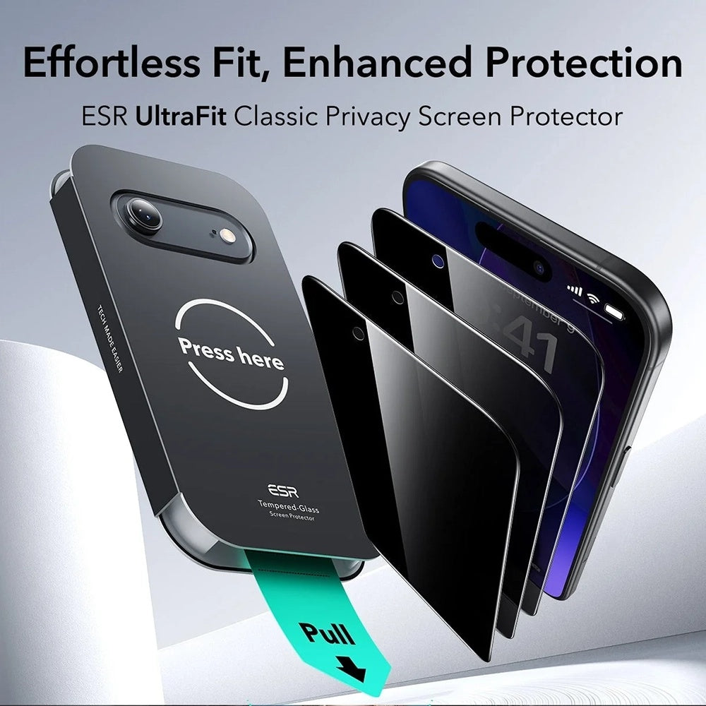 Protector de pantalla Privacy ESR UltraFit para Apple iPhone 17 Air, Cristal Templado, Full Glue, Set de 3 piezas.